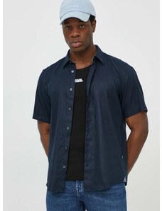 Lanena košulja BOSS boja: tamno plava, regular, s klasičnim ovratnikom