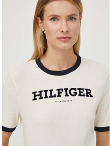 Pamučna majica Tommy Hilfiger za žene, boja: bež