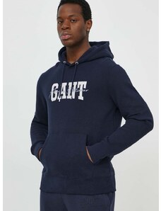 Pamučna dukserica Gant za muškarce, boja: tamno plava, s kapuljačom, s aplikacijom