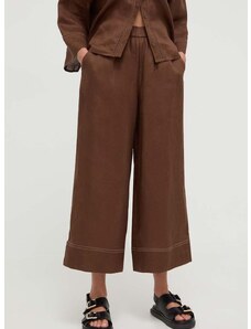 Lanene hlače Max Mara Leisure boja: smeđa, široke, visoki struk