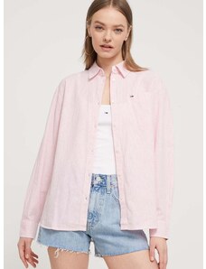 Košulja s dodatkom lana Tommy Jeans boja: ružičasta, relaxed, s klasičnim ovratnikom