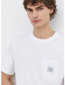 Pamučna majica Herschel za muškarce, boja: bijela, bez uzorka