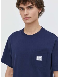 Pamučna majica Herschel za muškarce, boja: tamno plava, bez uzorka