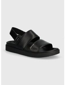 Kožne sandale Calvin Klein FLAT SANDAL CALVIN MTL LTH za žene, boja: crna, HW0HW01984