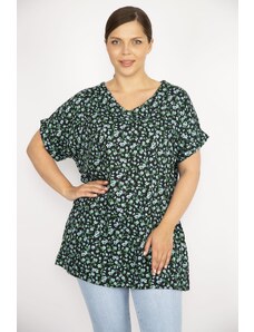 Şans Women's Green Plus Size Woven Viscose Fabric Floral Pattern Side Pockets Double Sleeve Blouse