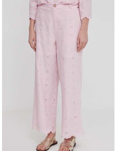 Lanene hlače Pepe Jeans boja: ružičasta, široke, visoki struk