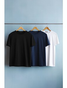 Trendyol Black-Navy Blue-White Plus Size 3-Pack Regular/Normal Fit Basic 100% Cotton T-Shirt