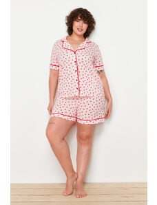 Trendyol Curve Pink Strawberry Patterned Shirt Collar Knitted Pajamas Set