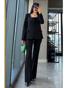 Laluvia Black Premium Round Neck Jacket Pants Suit