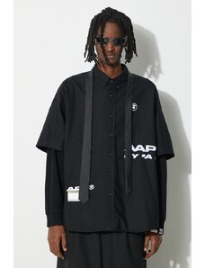 Pamučna košulja AAPE Long Sleeve Shirt Mock Layer za muškarce, boja: crna, relaxed, s button-down ovratnikom, AST8464