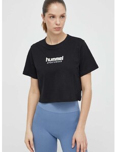 Pamučna majica Hummel za žene, boja: crna