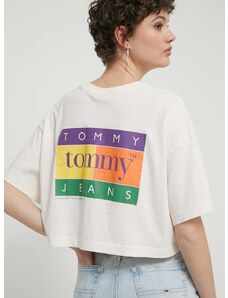 Pamučna majica Tommy Jeans za žene, boja: bež, DW0DW18141