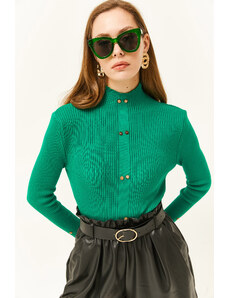 Olalook ženska trava zeleni gumb visokog vrata ukrašen džemper za pleteninu Lycra