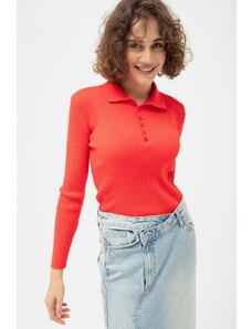 Lafaba Women's Red Polo Neck Ribbed Knitwear Sweater