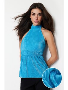 Trendyol Blue Pleated Fitted/Fitted Halter Neck Knitted Blouse