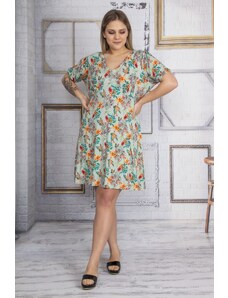 Şans Women's Plus Size Green V-neck Floral Pattern Dress with Elasticated Arms, Chest Detail