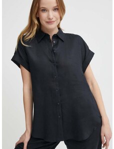 Lanena košulja Lauren Ralph Lauren boja: crna, relaxed, s klasičnim ovratnikom