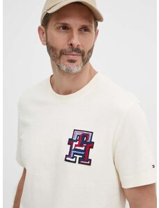 Pamučna majica Tommy Hilfiger za muškarce, boja: bež, s aplikacijom, MW0MW34423