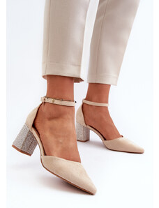 Kesi Beige pumps made of eco suede with an embellished heel by Anlitela