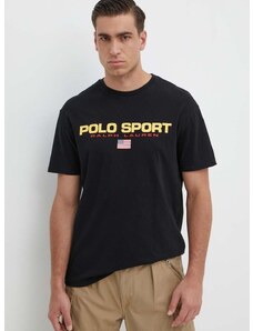 Pamučna majica Polo Ralph Lauren za muškarce, boja: crna, s tiskom