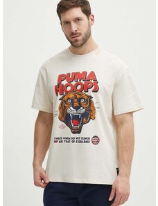 Pamučna majica Puma za muškarce, boja: bež, s tiskom, 624737
