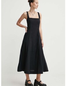 Lanena haljina Abercrombie & Fitch boja: crna, midi, širi se prema dolje