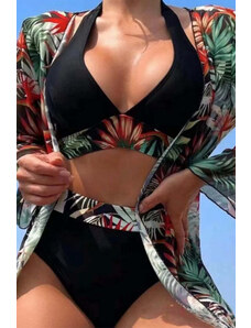 Trgomania Black 3pcs Tropical Contrast Trim Halter Bikini Set with Cover up