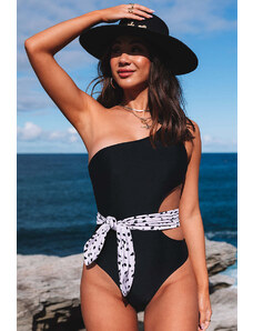 Trgomania Black Asymmetric Cutout Belted One-piece Swimwear