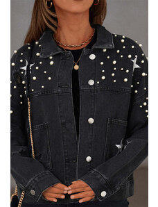 Trgomania Black Distressed Pearls Star Cropped Denim Jacket