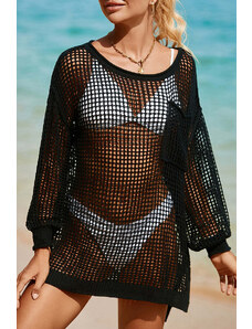 Trgomania Black Fishnet Hollow-out Long Sleeve Beach Cover up
