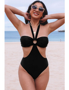 Trgomania Black Halter O-ring Ruched Bust One Piece Swimsuit