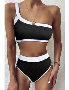 Trgomania Black One Shoulder Patchwork High-waisted Bikini Set