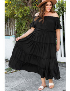 Trgomania Black Plus Size Smocked Off Shoulder Frill Tiered Maxi Dress