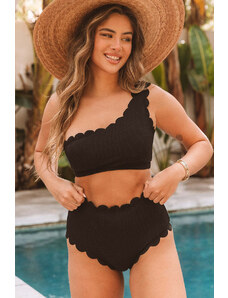 Trgomania Black Solid Scalloped One-Shoulder Bikini
