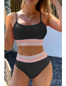 Trgomania Black Striped Patchwork Spaghetti Strap High Waist Bikini Swimsuit