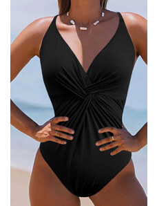 Trgomania Black V Neck Twist Ruched Crisscross Backless One-Piece Swimsuit