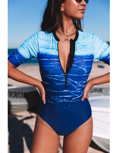 Trgomania Blue Print Zip Front Half Sleeve One Piece Swimsuit