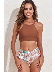 Trgomania Brown Solid Strappy Halter Bikini Printed High Waist Swimsuit