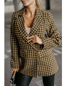 Trgomania Brown Tweed Houndstooth Plaid Pattern Double Breasted Blazer