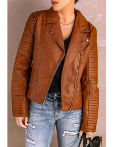 Trgomania Brown Ribbed Seam Detail Faux Leather Zipped Motorcycle Jacket