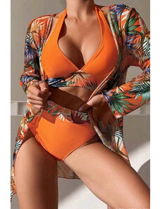 Trgomania Carrot 3pcs Tropical Contrast Trim Halter Bikini Set with Cover up