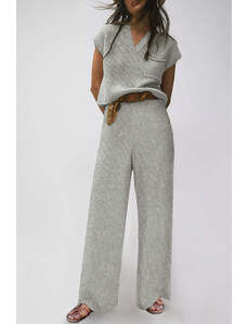 Trgomania Gray Knitted V Neck Sweater and Casual Pants Set