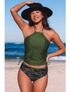 Trgomania Green Camouflage Print Halter Neck Backless Two-piece Swimsuit