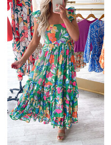 Trgomania Green Floral Print Sleeveless Ruffle Tiered Maxi Dress