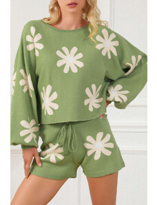 Trgomania Green Flower Print Bubble Sleeve Knitted Sweater and Shorts Set