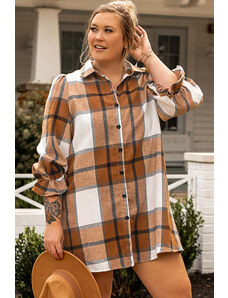 Trgomania Khaki Plus Size Plaid Flounce Sleeve Button up Shirt Dress