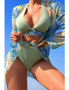 Trgomania Laurel Green 3pcs Tropical Contrast Trim Halter Bikini Set with Cover up