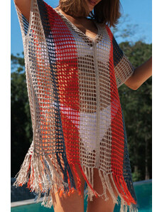 Trgomania Multicolor Striped Tassel Crochet V Neck Beach Cover Up