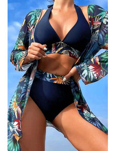 Trgomania Navy Blue 3pcs Tropical Contrast Trim Halter Bikini Set with Cove up