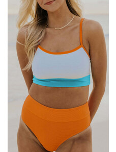 Trgomania Orange Color Block Spaghetti Strap High Waist Bikini Swimsuit